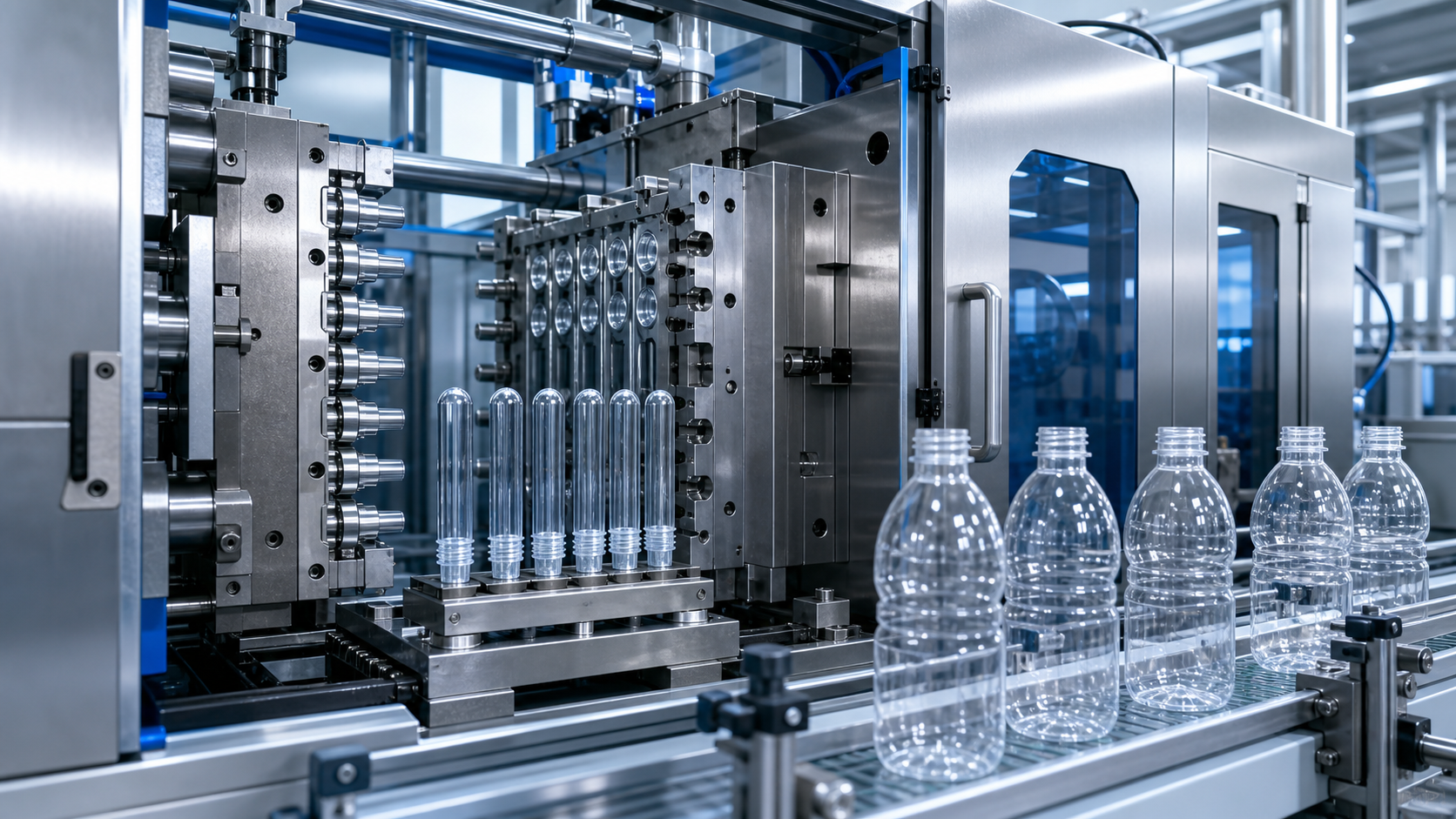 PET preforms and bottles produced through precision injection and blow molding