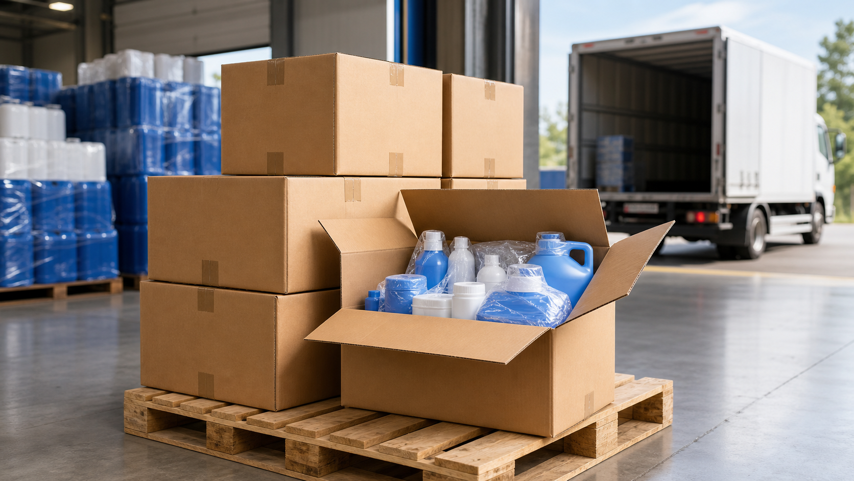 Packed plastic products in cartons ready for delivery
