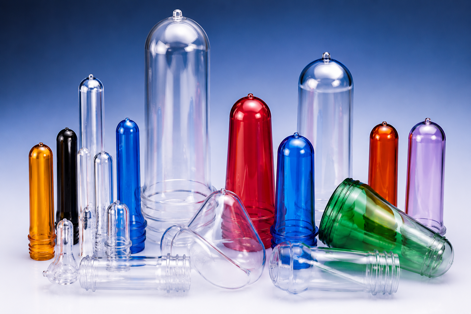 Assorted clear and colored PET preforms